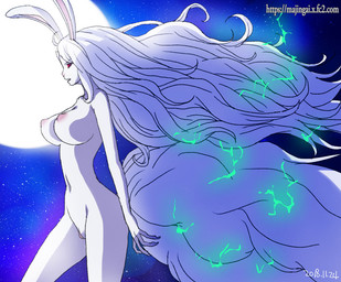 animal_ears anthro big_breasts blush breasts electricity female full_moon genitals hair long_hair moon nipples nude open_mouth outside rabbit_ears red_eyes solo sulong tail vulva white_hair ginko_(silver_fox) one_piece carrot_(one_piece) sulong_carrot lagomorph leporid mammal rabbit