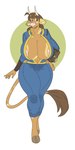 anthro areola areola_slip big_breasts breasts cleavage clothed clothing curvy_figure female hooves horn huge_breasts open_clothing open_jumpsuit pip-boy smile solo thick_thighs vault_suit wrist_computer slightlysimian fallout microsoft molly_(slightlysimian) bovid bovine cattle mammal 1:2 2022 absurd_res hi_res