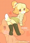 2016 accessory animal_crossing anthro black_nose blonde_hair butt canid canine canis clothing domestic_dog dress female fur hair hair_accessory isabelle_(animal_crossing) japanese_text legwear long_ears looking_back mammal nintendo panties pose shih_tzu short_hair sirokuro solo text toy_dog underwear uniform white_body white_fur yellow_body yellow_fur