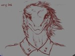 alien anthro clothed clothing da'kar english_text front_facing fur furred_scalie hair headshot_portrait looking_at_viewer male monochrome operation_snow_eagle portrait reptile scalie simple_background sketch snout solo text vstlm