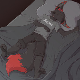 4_toes 5_fingers anthro barefoot bed bed_sheet bedding biped black_body black_bottomwear black_clothing black_nose black_shorts bottomwear claws clothed clothed_anthro clothed_male clothing dipstick_ears dipstick_tail ear_markings electronics eyebrows eyes_closed feet fingers fluffy fluffy_tail front_view fully_clothed fully_clothed_anthro fully_clothed_male furniture head_tuft headphones high-angle_view humanoid_hands lying lying_on_bed male male_anthro markings multicolored_ears on_back on_bed open_mouth pawpads pillow plantigrade plantigrade_pawpads red_markings shirt shorts sleeping solo tail tail_markings text text_on_clothing text_on_shirt text_on_topwear toe_claws toes topwear tuft fuf canid canine fennec_fox fox mammal true_fox 1:1 2019 english_text full-length_portrait portrait