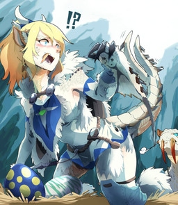 ambiguous_gender anthro blonde_hair blue_eyes blush breasts claws clothing duo egg fangs female feral hair horn interrobang kneeling melee_weapon mid_transformation non-mammal_breasts open_mouth species_transformation surprised tail teeth torn_clothing transformation weapon takatsuki_nato capcom european_mythology monster_hunter monster_hunter_stories mythology avinia frostfang_(monster_hunter_stories) barioth dragon flying_wyvern mythological_creature mythological_scalie scalie western_dragon wyvern 2016 hi_res