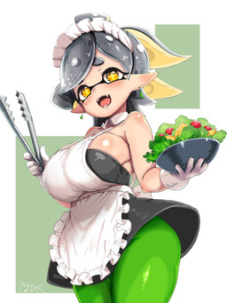 big_breasts breasts clothing cross_pupils ear_piercing eyebrows eyelashes female food glistening glistening_breasts gloves handwear humanoid_pointy_ears maid_apron open_mouth open_smile piercing pointy_ears pseudo_hair salad shirt_collar smile solo tentacle_hair tentacles wide_hips yellow_eyes t2ukmyjm nintendo splatoon marie_(splatoon) animal_humanoid aquatic cephalopod humanoid inkling mollusk mollusk_humanoid 2026 3:4 hi_res