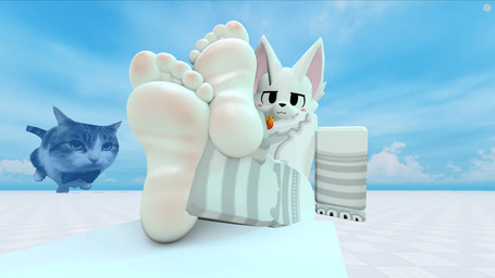 4_fingers 5_toes :3 ambiguous_gender anthro arm_warmers armwear bedroom_eyes bell bell_collar black_claws black_nose blush blush_lines body_blush claws clothing cloud collar detached_sleeves ear_tuft feet fingers foot_blush foot_fetish foot_focus grey_arm_warmers grey_armwear grey_clothing grey_legwear grey_thigh_highs humanoid_feet jingle_bell jingle_bell_collar leg_over_knee legwear looking_at_viewer narrowed_eyes neck_tuft pink_inner_ear plantigrade pupils seductive sky soles solo thigh_highs toes tuft white_body white_ears white_feet softblox boy_kisser_(meme) roblox silly_cat_(mauzymice) domestic_cat felid feline felis mammal robloxian 3d_(artwork) digital_media_(artwork) meme male_(lore)