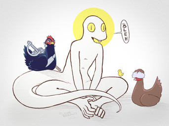 ambiguous_gender anthro beak brown_body brown_feathers dialogue feathers female feral group holidays looking_at_viewer male melee_weapon nude open_mouth pink_tongue scales simple_background sitting speech_bubble tail text tongue tongue_out weapon white_background white_body white_scales yellow_beak yellow_eyes rozalid april_fools'_day rooster_fighter elizabeth_(rooster_fighter) lizardo_(rozalid) avian bird chicken galliform lizard phasianid reptile scalie 2026 dated digital_media_(artwork) hi_res signature