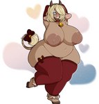 accessory anthro areola armwear belly big_areola big_belly big_breasts biped blonde_hair blue_eyes blush bow_(feature) bow_accessory bow_ribbon breasts brown_areola brown_body brown_nipples clothing cowbell female footwear furgonomics hair hair_over_eye hand_behind_head heart_background heart_symbol hooves horn huge_breasts inverted_nipples long_tail looking_at_viewer mostly_nude navel nipples one_eye_obstructed overweight overweight_anthro overweight_female raised_arm ribbons simple_background smile socks solo squish tail tail_accessory tail_bow tail_ribbon tail_tuft thick_thighs thigh_squish tuft wide_hips year tehbuttercookie cherie_(pebcak22) bovid bovine cattle mammal 2021 hi_res signature