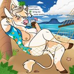 anthro beach bendy_straw beverage biped bottomless bottomless_female breasts brown_hooves clothed clothing cloud cocktail_garnish cocktail_umbrella container crossed_legs cup detailed_background dialogue drinking_straw female fingers flower_shirt fur genitals grass_stalk hair hammock hands_behind_head holding_object hooved_fingers hooves ice_cube leaf leg_over_thigh looking_at_viewer mismatched_nipples mottled mountain_range nipples open_clothing open_mouth open_shirt open_topwear outside pink_nose plant pussy red_eyes sea seashell seaside shell shirt solo speech_bubble tan_body tan_hair text topwear tree tree_trunk umbrella volcano water white_body goldiescales anthony_(goldiescales) asterozoan bivalve bovid bovine cattle clam echinoderm mammal marine mollusk starfish 2019 english_text trans_(lore) trans_man_(lore)