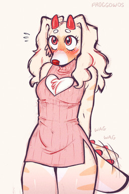 anthro bashful blush breasts cleavage cleavage_cutout clothed clothing cutout dress female fur hands_behind_back horn long_ears looking_up minidress navel pink_outfit short_dress shy solo striped_body stripes sweater tail tail_motion tailwag tan_body tan_fur thick_thighs tight_clothing topwear wide_hips froggsalt cody_(froggsalt) bird_dog canid canine canis cocker_spaniel dinodog_(species) domestic_dog hunting_dog mammal spaniel 2:3 hi_res