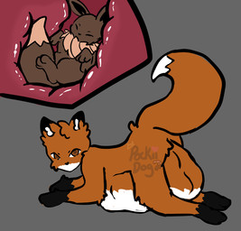3_toes ambiguous_gender anthro belly big_belly duo ear_tuft endosoma eyes_closed feet feral fur inside inside_stomach internal looking_at_viewer lying multicolored_body multicolored_fur neck_tuft on_back on_front rear_view safe_vore side_view simple_background soft_vore tail toes tuft two_tone_body two_tone_fur two_tone_tail vore pockiidog nintendo pokemon fan_character canid canine eevee fox generation_1_pokemon mammal pokemon_(species) 2025 digital_media_(artwork) signature