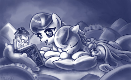 bed book duo eyes_closed female feral furniture lamp lantern sleeping tail young young_feral theofficialwheel friendship_is_magic hasbro my_little_pony diamond_tiara_(mlp) silver_spoon_(mlp) earth_pony equid equine horse mammal pony