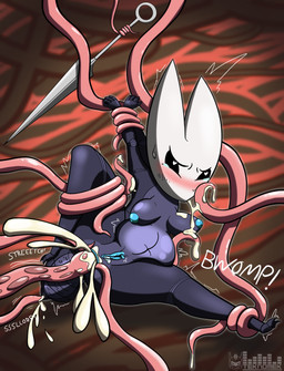 abdominal_bulge anal anal_penetration angry anthro anus arthropod_abdomen arthropod_abdomen_genitalia belly black_body blush bodily_fluids breasts clitoris cum cum_inflation cum_inside female genital_fluids genitals inflation nipples penetration restrained restrained_arms restrained_by_tentacles sex solo tentacle_in_ass tentacle_penetration tentacle_sex tentacles vulva teknomekanoid hollow_knight_(franchise) team_cherry hornet_(hollow_knight) arthropod absurd_res hi_res