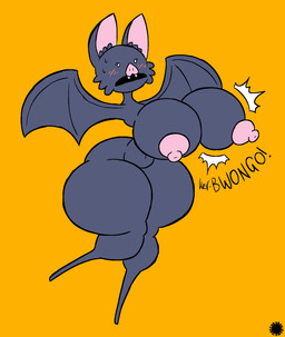 anthro big_breasts blue_body blue_fur blush blush_lines bodily_fluids bottom_heavy breast_expansion breasts cheek_tuft crossgender curvy_figure emanata erect_nipples expansion eyelashes facial_tuft fangs featureless_feet feet female flash_emanata fur huge_breasts inner_ear_fluff logo navel nipples onomatopoeia solo sound_effects spherical_breasts sweat sweatdrop teeth text thick_thighs tuft wide_hips wings thatdawgmurray natural_habitat_shorts batrick_(natural_habitok) bat mammal aliasing artist_logo artist_name digital_media_(artwork) hi_res signature