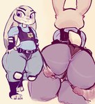 2022 3_toes anthro big_butt bodily_fluids breasts butt butt_grab claws clothed clothing disney duo feet female footwear fully_clothed fur grey_body grey_fur hand_on_butt hand_on_hip huge_thighs judy_hopps kiseff lagomorph leporid mammal multicolored_body police police_uniform purple_eyes rabbit rear_view scut_tail short_tail simple_background small_breasts spread_butt spreading sweat tail thick_thighs toe_claws toeless_footwear toes two_tone_body unavailable_at_source uniform wide_hips zootopia