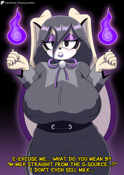 anthro big_breasts black_hair black_nose blush blush_lines breasts clothing colored_nails cosplay countershading dipstick_ears dress ear_markings ears_down eye_markings eyelashes eyeshadow female fingernails fur hair huge_breasts lips lipstick long_ears makeup markings multicolored_ears nails nipple_outline pivoted_ears purple_eyes purple_eyeshadow purple_fingernails purple_lips purple_lipstick purple_nails tan_body tan_fur text white_body white_countershading white_fur wisps flashpointgear nintendo pokemon sega sonic_the_hedgehog_(series) hex_maniac vanilla_the_rabbit lagomorph leporid mammal rabbit absurd_res english_text hi_res