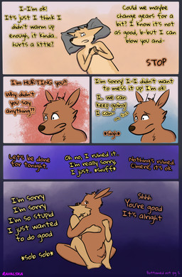 angry anthro bodily_fluids comforting comforting_another crying dialogue duo hug lying male male/male nude on_back sad sigh tail tears text yelling ravalska poro_alska rav_alska canid canine deer fox mammal comic english_text hi_res