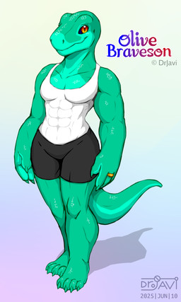 abs anthro barefoot black_sclera bottomwear breasts claws clothing digit_ring feet female gradient_background green_body green_scales hotpants jewelry logo muscular muscular_anthro muscular_female non-mammal_breasts orange_eyes ring scales shirt shorts simple_background solo tail tank_top tapering_tail text tight_clothing toe_claws topwear wedding_ring drjavi dinosaur prehistoric_species reptile scalie theropod tyrannosaurid tyrannosauroid tyrannosaurus tyrannosaurus_rex 2025 3:5 artist_logo dated english_text hi_res