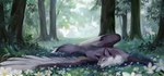 ambiguous_gender black_nose day detailed_background feral forest fur grass grey_body grey_fur outside plant solo tree white_body white_fur dannoitanart hioshiru_(character) canid canine hybrid mammal 2022 digital_media_(artwork)