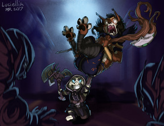 anthro armor axe belt black_pawpads blue_eyes bracers brown_body brown_fur butt butt_grab claws clothed clothing fantasy_weapon female fur group hair hand_on_butt hood humor larger_female magic_user male male/female melee_weapon open_mouth pawpads robe running scared size_difference smaller_male snarling staff teeth throwing toe_claws weapon wraps luciellia blizzard_entertainment warcraft canid canine canis gnome humanoid mammal werecanid werecreature worgen 2017