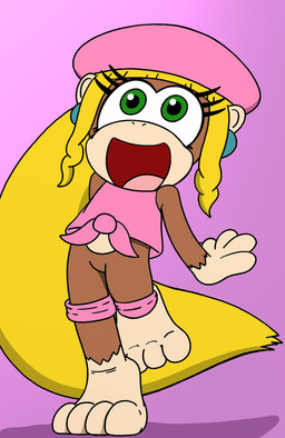 anthro bangs clothing ear_piercing ear_ring featureless_crotch female hair hat headgear headwear open_mouth piercing ponytail ring_piercing shirt smile solo standing topwear young young_female tenebrousmoon donkey_kong_(series) nintendo dixie_kong haplorhine mammal monkey primate full-length_portrait hi_res portrait