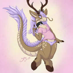 2_horns 5_fingers abstract_background anthro antlers arm_tuft barbel_(anatomy) big_tail biped black_collar bow_panties bow_underwear breasts brown_antlers brown_body brown_claws brown_fur brown_hooves claws cleavage clothed clothing collar ear_tuft elbow_tuft eyelashes female finger_claws fingers flesh_whiskers frilly frilly_clothing frilly_panties frilly_underwear front_view fur glistening glistening_eyes hair hair_over_eye hooves horn jewelry leg_tuft long_hair long_neck long_tail looking_up mane markings medium_breasts multicolored_body non-mammal_breasts panties pantsless pendant pink_clothing pink_shirt pink_t-shirt pink_topwear pointy_ears prick_ears pupils purple_clothing purple_eyes purple_hair purple_mane purple_panties purple_underwear scales shirt slit_pupils snout solo spots spotted_body spotted_fur t-shirt tail tail_mane tan_body tan_fur tan_inner_ear tan_scales tan_spots tapering_tail thick_tail thick_thighs thigh_tuft topwear touching_hair tuft twirling_hair two_tone_body underwear unguligrade v-neck ventral_scales wide_hips spe mythology alina_(spe) deer dragon eastern_dragon kirin mammal mythological_creature mythological_scalie scalie 1:1 2025 cel_shading dated digital_drawing_(artwork) digital_media_(artwork) hi_res procreate_(artwork) shaded signature