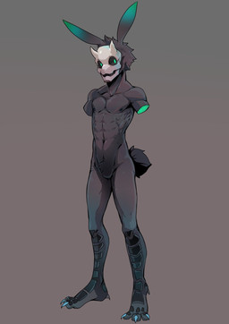 2_missing_limbs abs amputee anthro athletic athletic_anthro athletic_male black_body black_fur black_scales black_sclera crotch_tuft dipstick_ears disability ear_markings featureless_crotch feet fur green_eyes grey_background head_tuft horn kemono looking_at_viewer male mask missing_all_arms missing_arm multicolored_ears navel nude pecs scales simple_background slim solo standing talons toes tuft mawarisaka3 ghost_(mawarisaka3) demon lagomorph leporid mammal rabbit hi_res