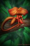 anthro big_breasts breasts female forest non-mammal_breasts outside plant smile solo text tree wolfpsalm agamid frilled_lizard lizard reptile scalie 2019 digital_media_(artwork) hi_res url