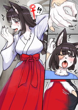 5_fingers after_transformation anthro asian_clothing black_hair bodily_fluids breasts butt clothing crying east_asian_clothing female female_symbol fingers fleshy_tail fur gender_symbol gender_transformation growth hair human_to_anthro interrobang japanese_clothing kemono miko_outfit one_eye_closed open_mouth red_clothing simple_background solo species_transformation surprised symbol tail tail_growth tears tongue tongue_out transformation white_body white_clothing white_fur toribako canid canine fox human mammal 2025 comic digital_media_(artwork) hi_res