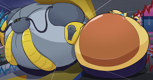 ambiguous_gender blue_sclera close_to_bursting duo_focus food glistening glistening_body group hyper hyper_inflation implied_popping inflation latex_body popcorn areoants dr._robotnik's_ring_racers sega sonic_the_hedgehog_(series) flapjack_(areoants) smotobug chao_(sonic) flicky motobug 2025 hi_res