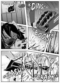 anthro blood bodily_fluids detailed_background explosion explosives female gas_mask grenade mask simple_background solo text weapon kifyun2 rita_(undying_void) felid mammal pantherine snow_leopard absurd_res black_and_white comic hi_res monochrome