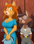 anthro big_breasts blue_eyes breast_envy breast_size_difference breasts brown_hair clothed clothing comparing comparing_breasts dress duo elevator eyewear female glasses green_eyes hair jealous looking_at_another looking_at_another's_breasts looking_at_breasts purse red_hair size_difference small_breasts stare op80918 disney talespin katie_dodd myra_foxworthy canid canine fox mammal