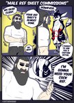 anthro beard biped black_body black_hair clothed clothing dialogue duo eyebrows facial_hair featureless_crotch fingers hair male multicolored_body open_mouth speech_bubble standing tail text tongue white_body the_man avian human mammal absurd_res comic english_text hi_res