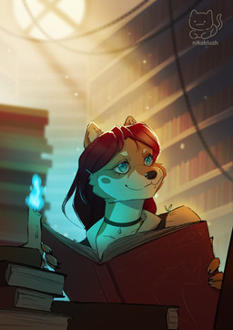 bailee black_nose blue_eyes blue_fire bookshelf brown_body brown_fur candle candlelight choker colored_fire fantasy_world female fire fur furniture hair jewelry library light necklace red_hair solo sunlight tan_body tan_fur conditional_dnp nikoyishi bailee_(nikoyishi) canid canine canis domestic_dog mammal shiba_inu spitz 2025 hi_res shaded