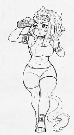 abs anthro athletic athletic_anthro athletic_female bottle bra clothing container dreadlocks female solo sports_bra standing thick_thighs underwear water_bottle higgyy felid lion mammal pantherine hi_res monochrome sketch