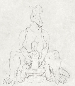 anthro between_breasts breasts claws clothed clothing duo female front_view larger_female male mouth_closed non-mammal_breasts pottery simple_background sitting size_difference smaller_male toe_claws unsigned upai leanna_(upai) dinosaur hadrosaurid human lambeosaurus mammal ornithischian ornithopod prehistoric_species reptile scalie hi_res monochrome sketch