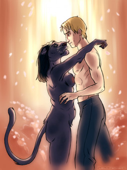 anthro biped black_body black_fur black_hair blonde_hair breasts clothed clothing duo female fur hair human_on_anthro interspecies light_body light_skin male male/female nipples nude nude_anthro nude_female smile smiling_at_another smiling_at_partner topless topless_human topless_male whiskers leila_iterashi felid human leopard mammal pantherine 2023 digital_media_(artwork) hi_res