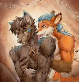 anthro arm_tuft blue_eyes blue_hair brown_body brown_fur brown_hair cheek_tuft clothed clothing duo facial_tuft fangs fur glistening glistening_eyes green_eyes hair happy hug hugging_another hugging_from_behind long_hair male male/male messy_hair nude one_eye_closed open_mouth orange_body orange_fur ponytail short_hair shoulder_tuft string_lights striped_body striped_fur striped_shoulders stripes teeth tongue tongue_out topless tuft unsigned white_body white_fur akatan_art canid canine fox mammal hi_res traditional_media_(artwork)