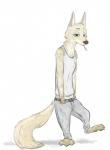 anthro bottomwear clothed clothing female fur hand_in_pocket hands_in_both_pockets on_one_leg pants pockets pointy_ears prick_ears shadow shirt simple_background solo standing tan_body tan_fur tank_top topwear white_background numbro disney pack_street zootopia avo_(weaver) canid canine canis jackal mammal