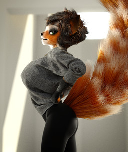 big_breasts big_tail bottomwear breasts clothed clothing female fluffy fluffy_tail huge_breasts pants solo tail yoga_pants cubikore canid canine fox mammal 3d_(artwork) character_request digital_media_(artwork) hi_res
