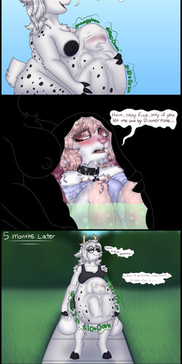 anthro black_bra black_clothing black_spots black_underwear blush bra breasts clothing duo entrapment exposed female female/female fur groceries internal nipples pink_body pink_fur rumbling_stomach spots text underwear unsure vore white_body white_fur violetsnackbar amii pepper_(peppershakerr) cervine deer domestic_cat felid feline felis mammal absurd_res english_text hi_res trans_(lore)