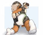 all_fours anthro black_nose blonde_hair blue_eyes brown_body brown_fur butt butt_focus button_ears cellphone clean_diaper clothed clothing diaper electronics floppy_ears footwear fur hair holding_cellphone holding_object holding_phone holding_smartphone looking_back male mottled mottled_body mottled_fur multicolored_body multicolored_fur orange_body orange_fur pantsless phone piebald piebald_body piebald_fur rear_view simple_background smartphone socks solo taking_picture tan_body tan_fur tongue tongue_out topless wearing_diaper cookiebandit casper_(cookiebandit) canid canine canis domestic_dog mammal 2023 colored hi_res