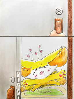 ambiguous_gender blush blush_lines bodily_fluids crying door eyes_closed feral first_person_view fur happy heart_symbol inner_ear_fluff midair open_mouth orange_body orange_fur pawpads paws solo tail tail_motion tailwag tears tears_of_joy tongue tuft white_body white_fur yellow_body yellow_fur eiroru nintendo pokemon canid canine fennekin generation_6_pokemon human mammal pokemon_(species) 2025 3:4 graphite_(artwork) hi_res traditional_media_(artwork)
