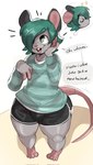 anthro bulge clothed clothing dialogue femboy fur green_eyes green_hair grey_body hair male open_mouth solo tail teeth text thick_thighs underwear wide_hips mawmain kayden_(mawmain) mammal mouse murid murine rodent 2024 english_text hi_res