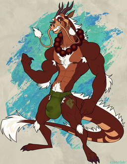 abs abstract_background anthro areola arm_hair armpit_hair barazoku barbel_(anatomy) biceps big_bulge big_muscles bodily_fluids body_hair bulge chest_hair claws clothed clothing deltoids eyebrows flesh_whiskers flexing flexing_bicep fur genital_fluids hair happy_trail horn huge_bulge huge_muscles jockstrap jockstrap_only leg_hair looking_at_viewer male muscular muscular_anthro muscular_male navel nipples pecs plantigrade precum precum_through_clothing precum_through_jockstrap precum_through_underwear pubes simple_background smile solo standing tail tattoo teeth thick_arms toony topless topless_anthro topless_male tuft underwear underwear_only wet wet_clothing kihu mythology canid canine dragon eastern_dragon furred_dragon furred_scalie hybrid mammal mythological_creature mythological_scalie scalie 2025 character_request digital_media_(artwork) hi_res