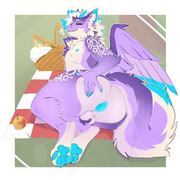 anthro anus apple ball_tuft basket big_butt blue_anus blue_horn blue_nipples blue_pawpads butt container feathered_wings feathers femboy fluffy fluffy_tail food fruit fur horn looking_at_viewer looking_back looking_back_at_viewer male nipples pawpads picnic picnic_basket picnic_blanket plant purple_body purple_fur solo tail tuft wings letsdrawcats mythology acai_(kariacai) dragon furred_dragon furred_scalie mythological_creature mythological_scalie scalie 1:1 hi_res