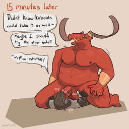 ambiguous_gender anthro armor balls blush blush_lines bodily_fluids bracers clothed clothed/nude clothing dialogue dripping duo erection fellatio foreplay genital_fluids genital_piercing genitals gloves hands_on_legs hands_on_thighs handwear horn horn_jewelry jewelry larger_male male multi_eye muscular muscular_male nipple_piercing nipples nude on_top onomatopoeia oral penile penis penis_piercing piercing pinned precum precum_drip precum_on_face red_body saliva sex size_difference smaller_male smug sound_effects speech_bubble tears tears_of_pleasure text luvamisguilty karsiv_(luvamisguilty) surnym_(luvamisguilty) demon kobold scalie 1:1 english_text hi_res