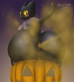 anthro anus big_butt big_ears black_body black_fur blush breasts butt butt_focus clothed clothing curvy_figure fart fart_cloud fart_fetish female food frown fruit fur genitals glistening glistening_body huge_butt looking_back night outside plant pumpkin sitting sitting_on_pumpkin solo star tail thick_thighs vulva yellow_eyes drain_scat google google_doodle magic_cat_academy momo_(google) domestic_cat felid feline felis mammal 2024 hi_res