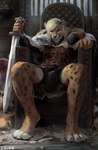 2021 4_toes 5_fingers adobe_photoshop_(artwork) anthro armor biped black_claws black_eyebrows black_nose black_spots blonde_hair blue_eyes bottomwear chair cheetah chunie claws clothing countershade_face countershade_feet countershade_fur countershade_legs countershading detailed_background digital_media_(artwork) digital_painting_(artwork) eyebrows fangs feet felid feline finger_claws fingers full-length_portrait fur furniture glistening glistening_claws glistening_nose hair hi_res holding_melee_weapon holding_object holding_sword holding_weapon inner_ear_fluff inside loincloth looking_at_viewer male mammal markings melee_weapon orange_body orange_fur portrait shaded signature sitting smile smirgel soft_shading solo spots spotted_body spotted_ears spotted_fur spotted_legs spotted_markings spotted_tail spread_legs spreading sword tail tail_around_neck tail_markings teeth throne toe_claws toes tuft viking weapon white_body white_countershading white_fur white_inner_ear_fluff