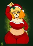 anthro arm_warmers armwear bedroom_eyes belly big_breasts blonde_hair breasts brown_eyes christmas_clothing christmas_headwear clothed clothing crop_top female front_view fur hair hat headgear headwear holding_mistletoe holidays midriff mistletoe narrowed_eyes plant red_clothing santa_hat seductive shirt slightly_chubby slightly_chubby_anthro slightly_chubby_female smile solo standing thick_thighs topwear wide_hips yellow_body yellow_fur rodd.y animal_crossing christmas nintendo isabelle_(animal_crossing) canid canine canis domestic_dog mammal shih_tzu toy_dog hi_res