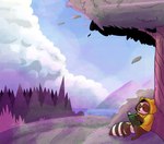 anthro biped black_eyes book brown_body brown_nose clothing cloud detailed_background dot_eyes hoodie mountain outside plant reading sitting solo topwear tree water happyraccoons chillhop chillhop_raccoon mammal procyonid raccoon 2022 hi_res