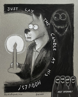 ambiguous_gender anthro border candle choir dialogue duo evil_grin grey_background male simple_background smile text uppercase_text worried sharkinthepark dr_knot_(sharkinthepark) canid canine mammal 2026 4:5 absurd_res charcoal_(artwork) comic english_text hi_res traditional_media_(artwork)